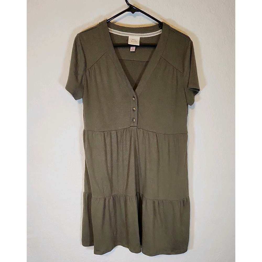 Knox Rose Green Waffle Knit V-Neck Button Front Shift Dress Knee Length M